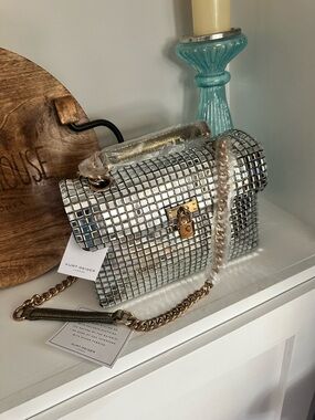 Kurt Geiger Disco Silver Mirror Tile Chain Shoulder Crossbody Bag & Dusty